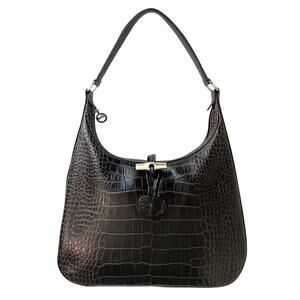 Longchamp Roseau Croc Embossed Leather Hobo Shoulder Bag Brown Bamboo Vintage